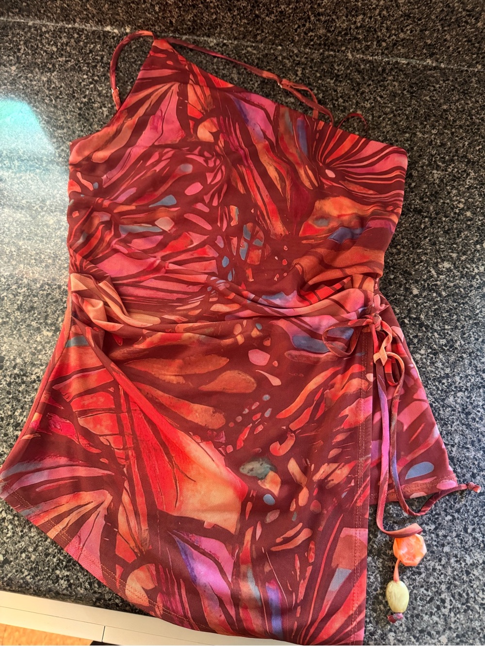 Women’s Red Abstract Print Tank Top with Side Tie Sz M